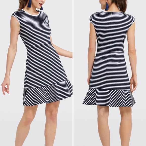 Draper James Womens Stripe Dress Blue White A Line Jewel Neck Sleeveless XS